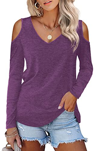 Beluring Women Cold Shoulder Tunic Tops V Neck Long Sleeve T-Shirts Tunic Purple Size 8 10