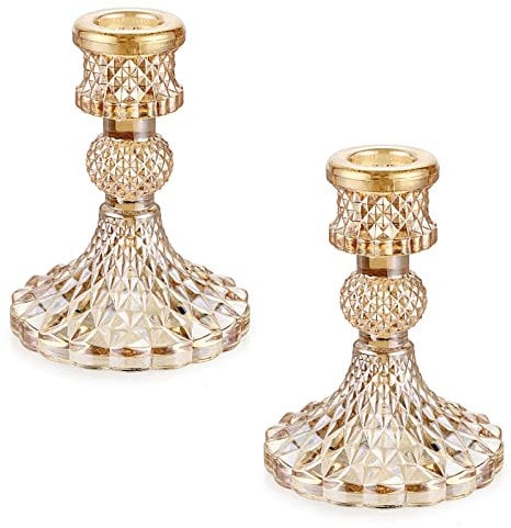 BSTKEY Set of 2 Glass Candle Holders Candlestick Holder, Decorative Taper Candle Stand for Candlestick, Candle Holder Stand Table Centerpiece for Party, Wedding, Dinner (Gold)