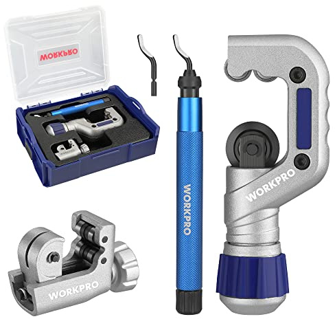 WORKPRO 3 Pieces Tubing Cutter Set - Pipe Cutter with 1/8”-1-1/4” Cutting Capacity, Mini Copper Pipe Cutter with Deburring Tool, Copper, Aluminum, Brass, and Plastic Tubing Cutter