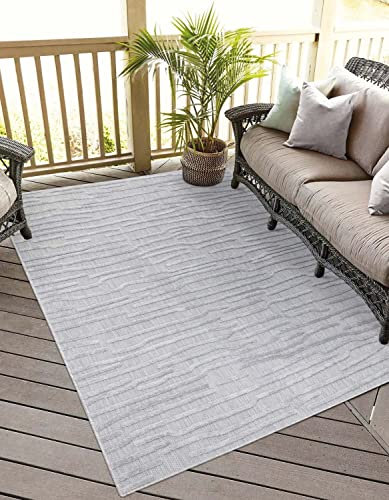 carpet city In-& Outdoor Teppich - 280x380 cm - für Innen-& Außenbereich - Wetterfest Balkon-Teppich, Terrasse, Flur, Küche - Wohnzimmer-Teppiche - Hochtief/ 3D-Effekt - Streifen-Muster in Grau