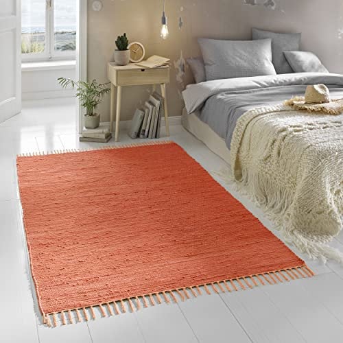TacaHome Flicken-Teppich 100% Baumwolle I Waschbarer Fleckerl mit Fransen I Esszimmer Küche Badezimmer Wohnzimmer Kinderzimmer | 120 x 180 cm Terracotta