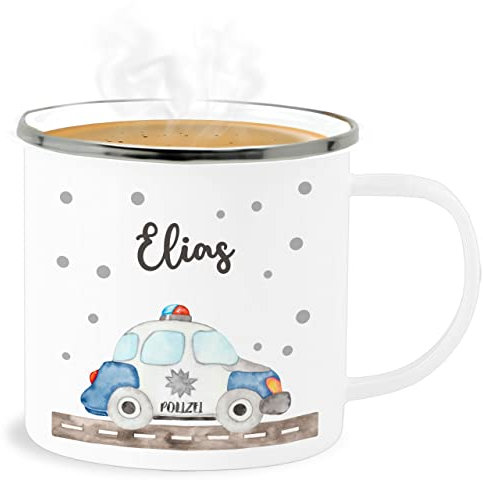 Emaille Becher Blechbecher - Polizei Blaulicht Bundespolizei Polizeiauto Polizist - 300 ml - Weiß Silber - tasse polizisten name trinkbecher polizistin auto tassen für kinder blechtasse fuer