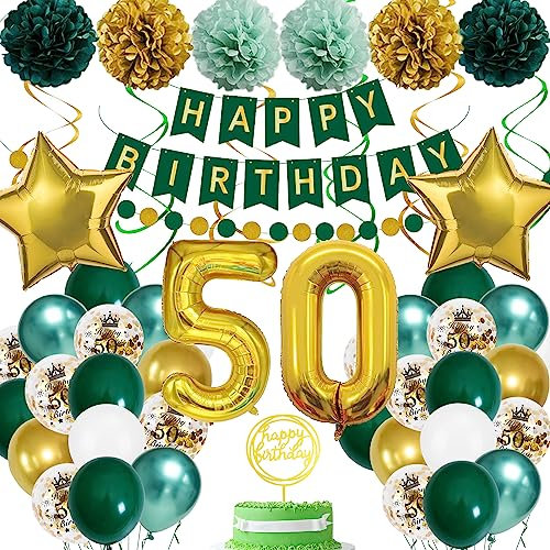 50. Geburtstag Deko für Frauen und Männer - Luftballons, Banner, Konfetti in Grün und Gold