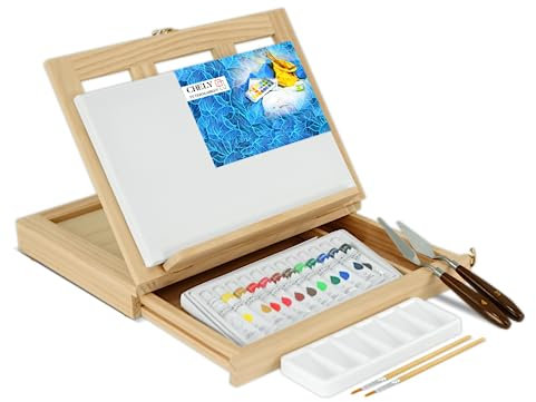 CHELY INTERMARKET Set Pintura 19 Piezas Caballete Maletín Madera Para Mesa Acrílicos Lienzo Pinceles Paleta Pintar Kit Artístico Niños Adultos Principiantes Regalo Creativo Portátil Compacto