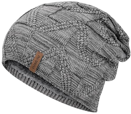 HAMUNI Mütze Damen - Atmungsaktiv Strickmütze Herren - Slouch Beanie Mütze mit Weichem Fleece Innenfutter - Unisex Wintermütze - Klassische Herren Damen Mütze für Herbst Winter Frühjahr (Hellgrau)