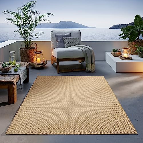 TacaHome Outdoor Teppich I Wetterfest Für Drinnen und Draußen I Terrasse Balkon Garten Wohnzimmer Badezimmer Küche I Sisal Optik Boho | 160 x 220 cm Beige