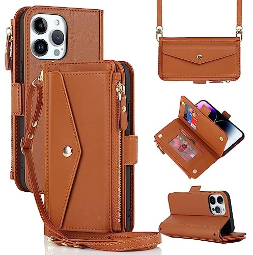 Cavor Crossbody iPhone 14 Pro Max Case With Strap,Flip Leather Wallet Case,[9 Card Holder][Detachable Lanyard][Zip Pocket],Protective Phone Case Cover for iPhone 14 Pro Max - Brown