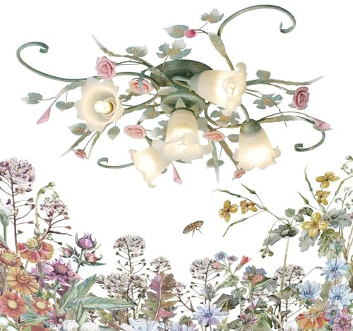 5-Light deckenleuchte,Grüne Esszimmer Deckenleuchte mit Metallisches Glas weißem Lampenschirm und rosa Keramik Rosen Anwendbar auf Wohnzimmer Schlafzimmer küche Blumenleuchten Ceiling lamp