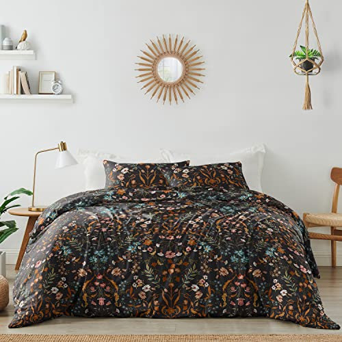 Sweet Jojo Designs Boho Wildblume Vintage Floral Girl Queen Tröster-Set volle Größe Bettwäsche Teenager Erwachsene Schlafzimmer 3p Schwarz Orange Bohemian Bauernhaus Blume Blätter Paisley Botanical