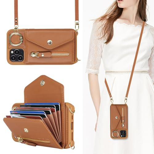 SailorTech iPhone 11 Pro Case with Zipper Credit Card Holder for Women, Leather Case Ring Stand with Card Slots Kickstand Wallet Crossbody - Brown