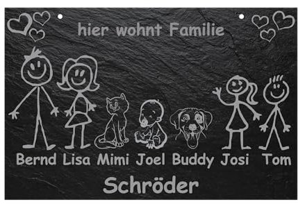 Namenschild Familienschild Schiefertafel auf Schiefer | Comic-Stil frei wählbar | personalisiert mit Namen der Familie, Türschild für die Haustür oder Eingangstür