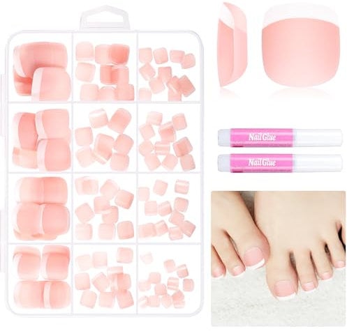 Kiiwah 120 Pièces Faux Ongles Pieds, 12 Tailles Français Faux Ongles D'orteil, Acryliqu Couverture Complète Capsule Ongle Pied pour Femmes DIY Manucure