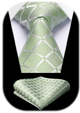 HISDERN Krawatte Salbeigrün Herren Karierte Krawatten mit Einstecktuch Formelle Klassische Hochzeit Herrenkrawatte und Taschentuch Set für Männer