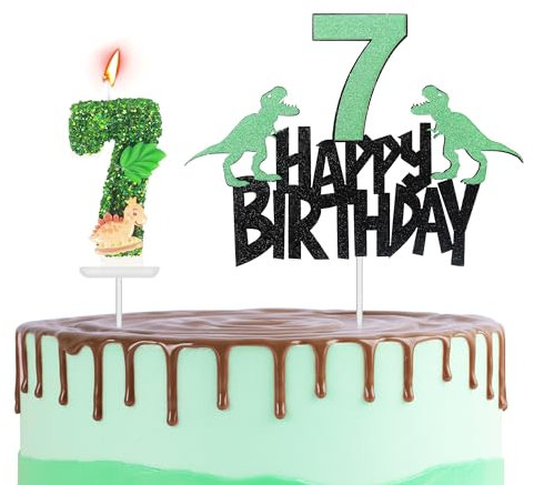 Dinosaur Cake Topper with Number Candle & Dino Candles - Happy 7th Birthday Dinosaur Theme Party Cake Decorations