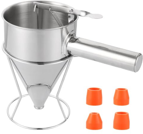 FWEEK Teigportionierer, 1200ml Pfannkuchen Teigspender Edelstahl, Backtrichter Kolbentrichter Fondanttrichter Edelstahl mit Rack und 4 Verschiedenen Düsen für Pfannkuchen