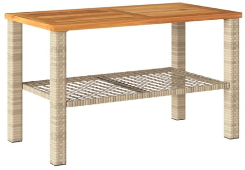vidaXL Gartentisch, Beistelltisch für Garten Terrasse, Couchtisch mit Holzplatte, Balkontisch Kaffeetisch Gartenmöbel, Beige Poly Rattan Akazienholz