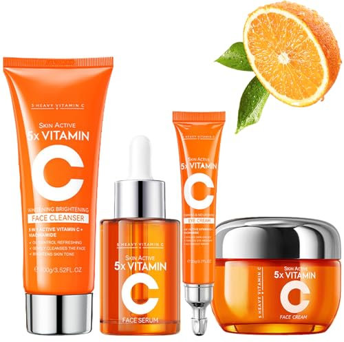 5X Vitamin-C-Hautpflegeset - 4PCS Hautpflegeset für Teenager-Mädchen - Schönheits-Hautpflegeset mit Reiniger-Serum-Gesichtscreme-Augencreme - Geschenk für Frauen Hautpflegeset & Kit Damen Skincare Set
