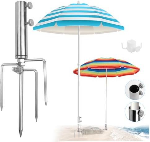 Supporto per Ombrellone da Spiaggia, Supporto per Ombrellone per Prati in Acciaio Inox con Ancoraggio a Terra, Supporto per Ombrellone Rimovibile con Gancio a Quattro Angoli, per Pesca, Giardino