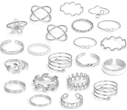 QOCUILC 21er-Pack Damenringe Edelstahlringe, silbernes, verstellbares, stapelbares Ringöffnungsset für Fingerringe für Frauen und Mädchen