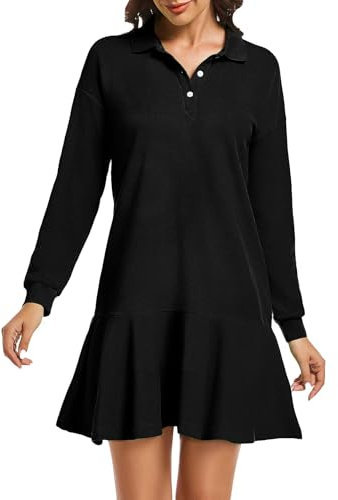 YEXPINE Polo Dress for Women Long Sleeve Ruffle Hem Golf Tennis Workout Dress Fall Mini Dresses, Black, L