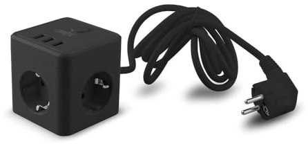 PowerCube 10A, 3 Prises + 3 Ports USB, 1,5 m, Noir. Idéal pour connecter Plusieurs appareils avec Style et efficacité dans n'importe Quel Espace. Connectez-Vous sans limites