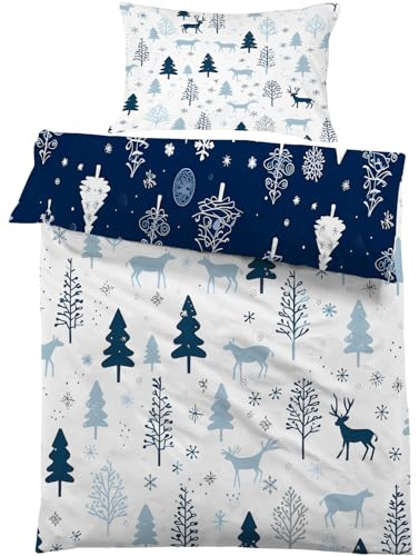 Bettwäsche 135x200 cm Weißes Rentiere Bettwäsche-sets Kinderbettwäsche Bettbezug 135x200, Blauer Tannenbaum Schneeflocken Weich Mikrofaser Bettbezüge mit Reißverschluss + 2 Kissenbezug 80x80 cm