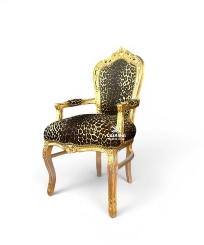 CasAmin Home & Living Akzentstuhl im Französischen Louis-Stil mit Gold Finish, Sessel im Barock Rokoko Stil mit Braunem Braunem Animal Print für die Heimdekoration im Wohnzimmer