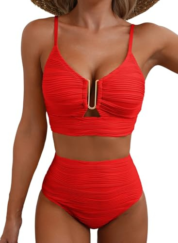 Herseas Women Modest 2 Piece High Rise Push Up Ruched Ribbed Bikini Red L
