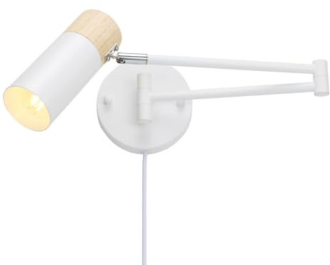 Alpinaluz Wandleuchte mit Naturholz, ausziehbarer Arm, E27-Strahler, weiß, um 360 Grad drehbar, Kabel mit Stecker und Schalter, modernes nordisches Design