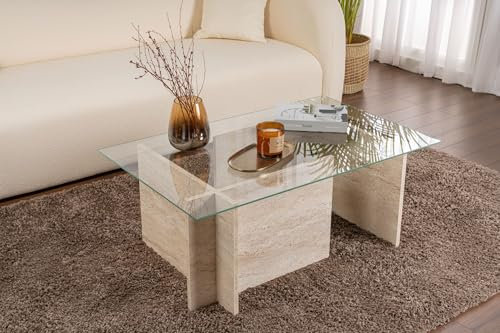 Hanah Home Élégante Table à café, Travertine, 105 x 65 x 40 cm, 100% Verre trempé et Panneau de Particules revêtu de mélamine, épaisseur 18 mm, Design élégant en marbre pour espaces de Vie Modernes