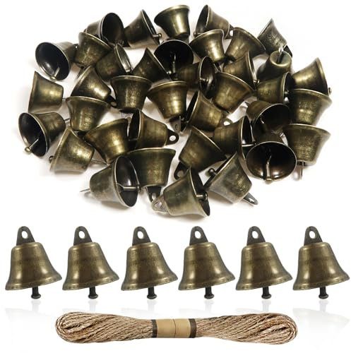 TOAOB 40 Stück Bronze Glöckchen zum Basteln Vintage Glocken 22 mm Metallglöckchen Mit 1 Rollen Hanfseil für Windspiele Machen Handwerk Urlaubsdekoration Weihnachtsglocken Haustierglocken