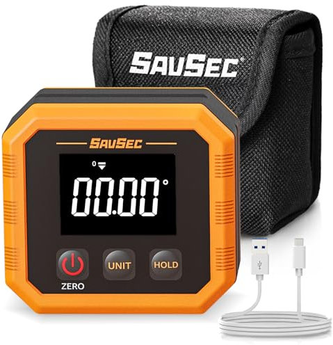 SAVSEC Rechargeable Digital Angle Finder, Angle Gauge with Magnetic Back&Base, 0-360° Digital Level Protractor Inclinometer Woodworking Tools, IP54, 360° Flip Screen, for Construction, Machinery