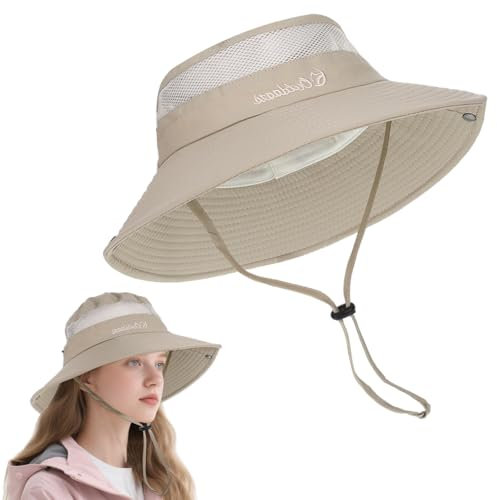 ShinherYee Sonnenhut Damen Herren, 55-60CM Sommerhut Damen, Anglerhut Wanderhut UV-Schutz, Safari Hut mit Kinnriemen (DE/NL/SE/PL, Alphanumerisch, Einheitsgröße, M, Beige)