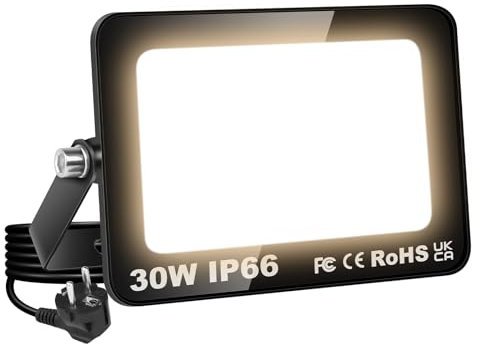 SKYWORLD 30W Foco LED Exterior, 3000LM Luz led Exterior con enchufe, Impermeable Foco Proyector LED, 3000K Blanco Cálida Floodlight Iluminación de Seguridad para Jardín, Patio, Terraza, Garaje
