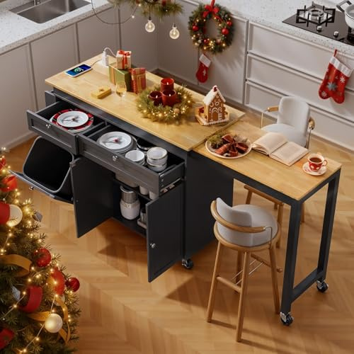 ONBRILL Kitchen Islands with Extendable Dining Table for 2-4, 81.7 Island Table for Kitchen with Trash Cabinet, Mobile Storage Home Bar Carts with Power Outlet, Spice Rack & Towel Rack (Black)