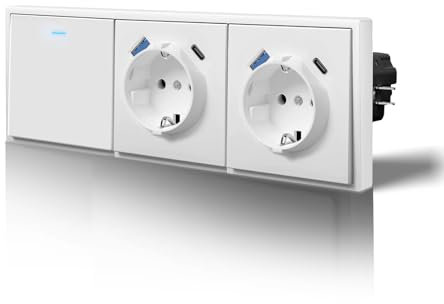 BSEED Lichtschalter mit Steckdose USB C Matt, 20W Schnellladen Steckdosen, Nur Horizontale Montage, C-Serie,1 Fach 1 Weg,220mm Weiß