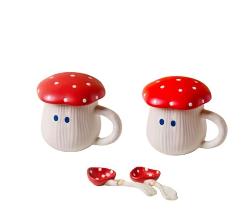 Cute Mushroom Mug with Lid and Spoon Set – 2 Pack Ceramic Coffee Tea Cup 14oz/400ml Novelty Red Polka Dot Cartoon Cups for Hot Chocolate, Milk, Latte | Kawaii Gift for Couples & Friends