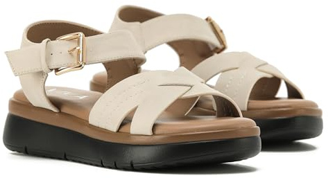 VIVASHOES Women's Lightweight Adjustable Buckle Sandals – Flatform Small wedge Sandal - Soft Comfort Memory Foam Innersoles - True to Size Good for Wide Fit - Comfortable Summer Shoes - Cream/Tan 4