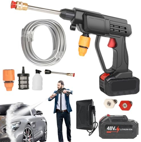 Portable Cordless Pressure Washer, 6-in-1 Power Washer Adjustable Nozzle, 24V 36bar Cleaning Gun with Battery, 6000mah Simple Sprinkler for Car Driveway Patio Fence Home (Black)