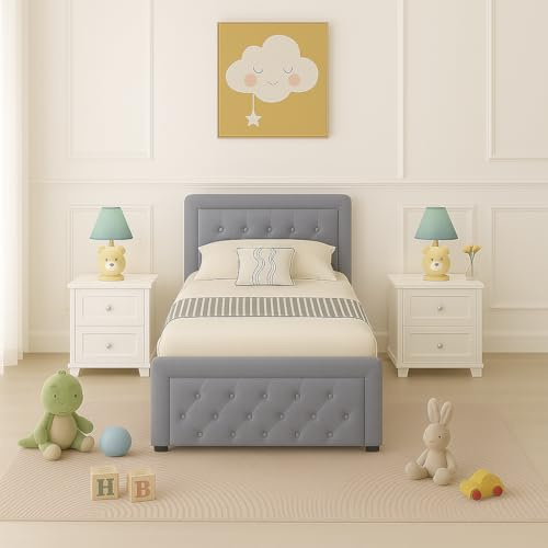 Ottoman Bed Frame Upholstered | High Headboard Stitched Storage Bed For Adults Or Children (Hybrid Mattress, Single)