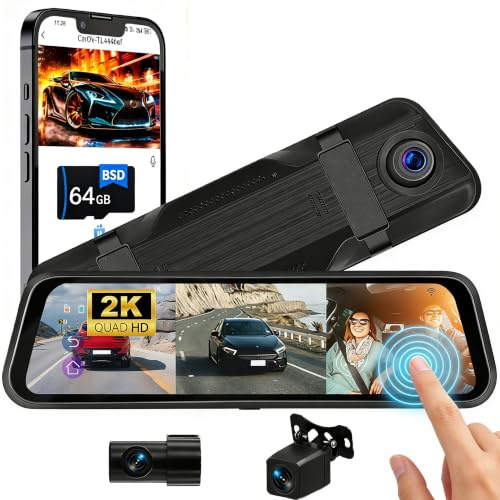 CAMECHO Streaming Rückspiegel Dashcam 2K, BSD Totwinkelassistent, 3 Kanal Aufnahme, 9,66 IPS, HDR Nachtsicht, G-Sensor, Viidure WiFi, inkl. 64GB TF Karte
