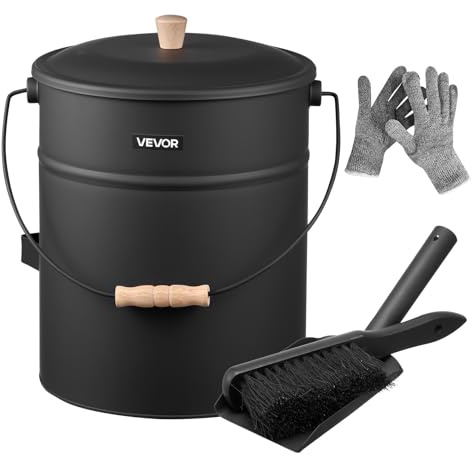 VEVOR Secchio per Cenere per Camino, 4 Pezzi con Coperchio, Pala, Scopa e Guanti, Secchio per Carbone e Contenitore per Cenere in Metallo per Caminetti, Capacità 15 L per Caminetti, Bracieri