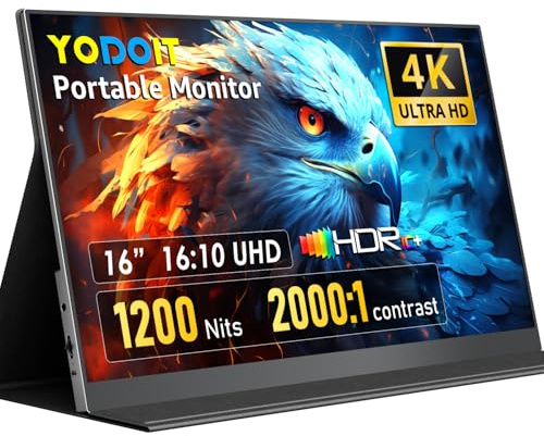 Yodoit Écran Portable 16 4K 1200 Nits, 3840 x 2400 UHD Moniteur Portable IPS Contraste 2000:1 Display HDMI USB Type C HDR Ecran avec Haut-parleurs Intégrés, pour PC/Laptop/MacBook/PS3/4/5/Xbox/TV