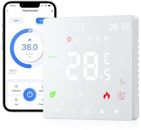 Programmierbarer WLAN Thermostat für Fußbodenheizung, Intelligenter Smart Home Raumthermostat mit Alexa & Google Home, Tuya App, 230V, Einfache Installation, Weiß