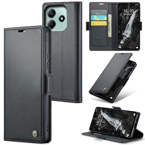Idhiem Portefeuille Rabat Coque pour Xiaomi RedMi Note 14 4G, Noir | Housse Premium en Cuir PU, RFID Protection, Portefeuille Rabat Case, Porte Cartes et Fonction Support Étui