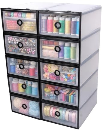 Periea 'Mia' Stackable Craft Storage Boxes with Drawers 10 Pack Frosted Plastic Organiser (Black Frames)