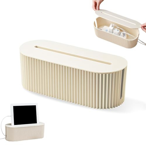 Kabelmanagement Box, Kabel Organizer Box mit Standfußhalterung Design für Smartphones & Tablets, Steckdosenbox mit 2 Seitliche Kabelführungen für Kabel Verstecken und Ordnen (Beige)