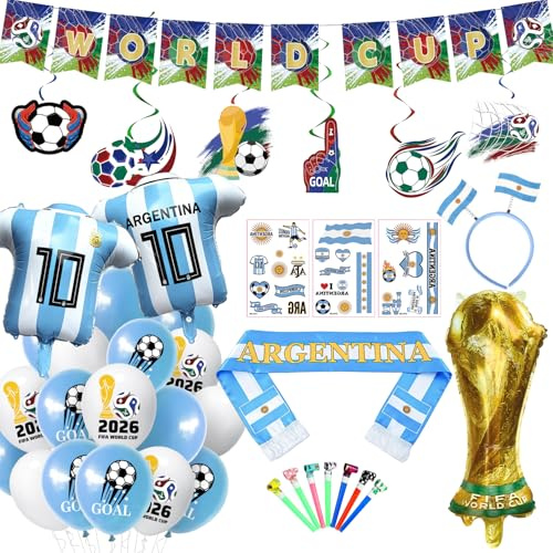 YEJIKJ World Cup Football 2026 Party Decorations, Argentina Match Decorations, Scarf Football Shirt Balloon Gold Championship Shape for Match Bar Club Garden Street Decor