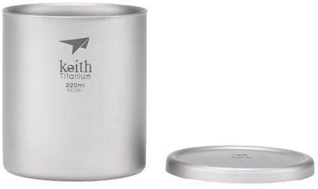Keith Titanium Doppelwandiger Titanbecher 220 ml, Ti3301, Isolierter Kaffee-Reisebecher mit Deckel, Tragbares Trinkgeschirr für Tee und Kaffee, Ideal für Camping, Picknick, Rucksackreisen und Trekking