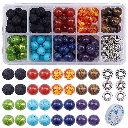 SUNNYCLUE 6mm 260Pcs 7 Chakra Steinperlen Set Stein Armband Making Kit Natürliche 7 Chakra Lavastein Perlen Runde Lose Perlen Kit Abstandsperlen Mit Kristallschnüren Für Die Herstellung von Schmuck Ät